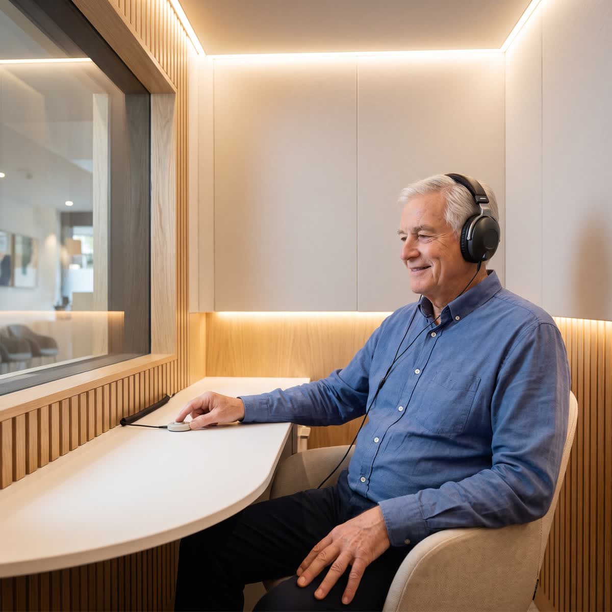 Une audioprothésiste pose un casque de test sur une patiente