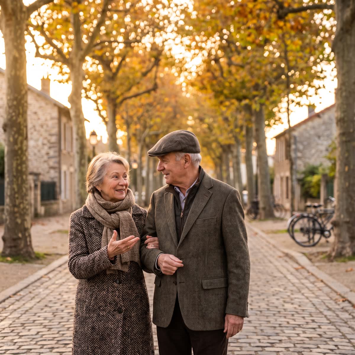 Un couple de seniors se promène dans une avenue