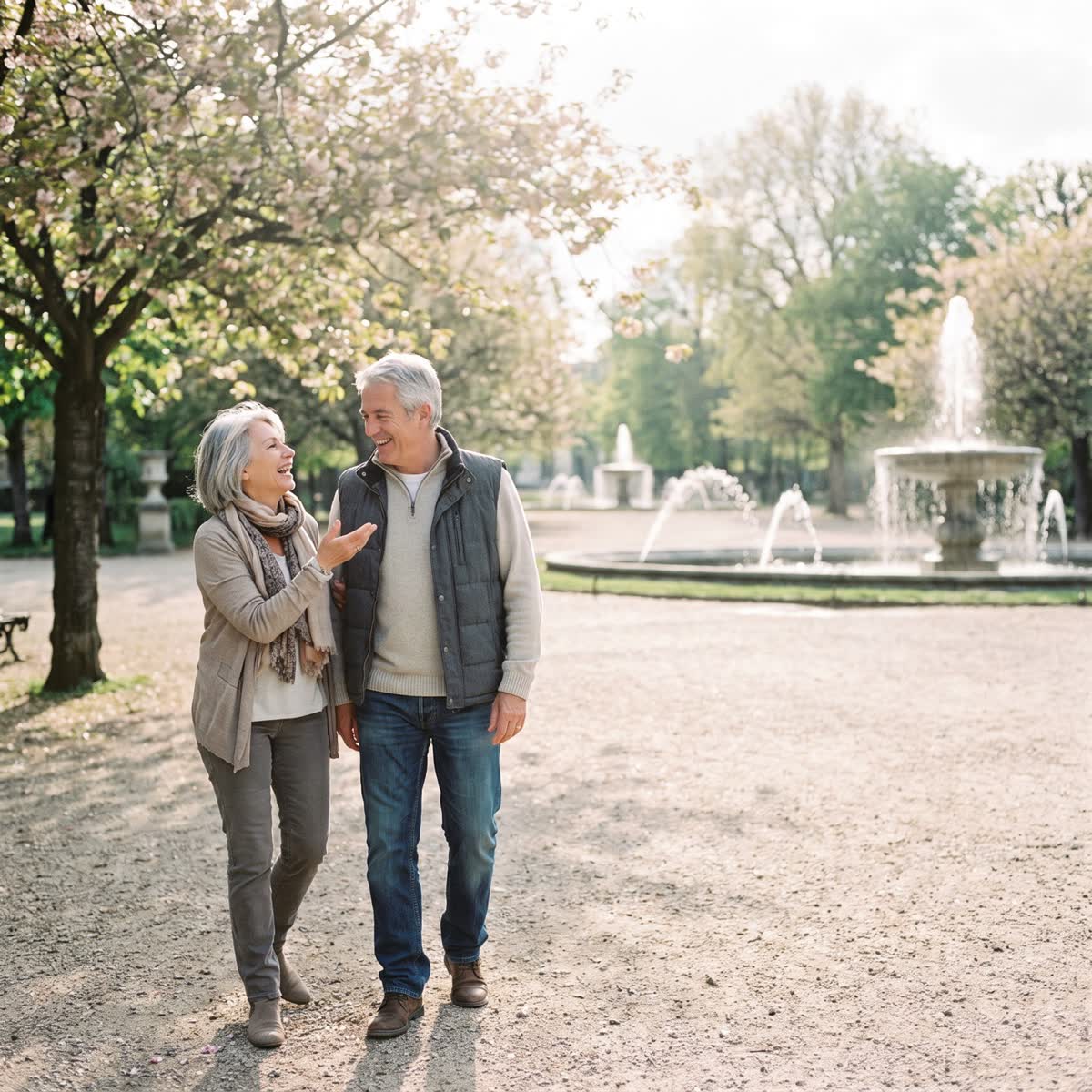 Un couple âgé se promène près d'une fontaine dans un parc