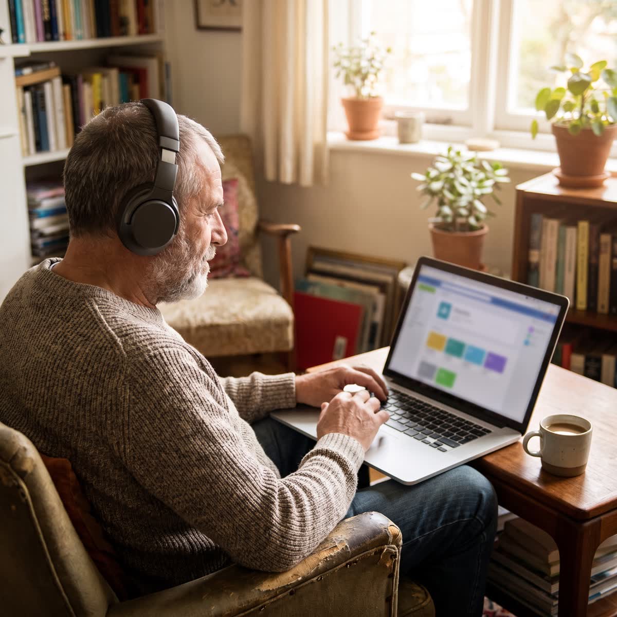 Un homme fait le test auditif en ligne avec un casque, chez lui